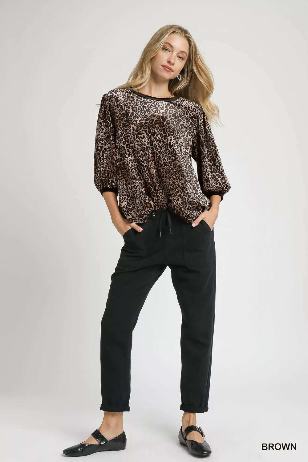 Umgee Leopard Round Neck Three-Quarter Sleeve Blouse - Trendsi - Flyclothing LLC