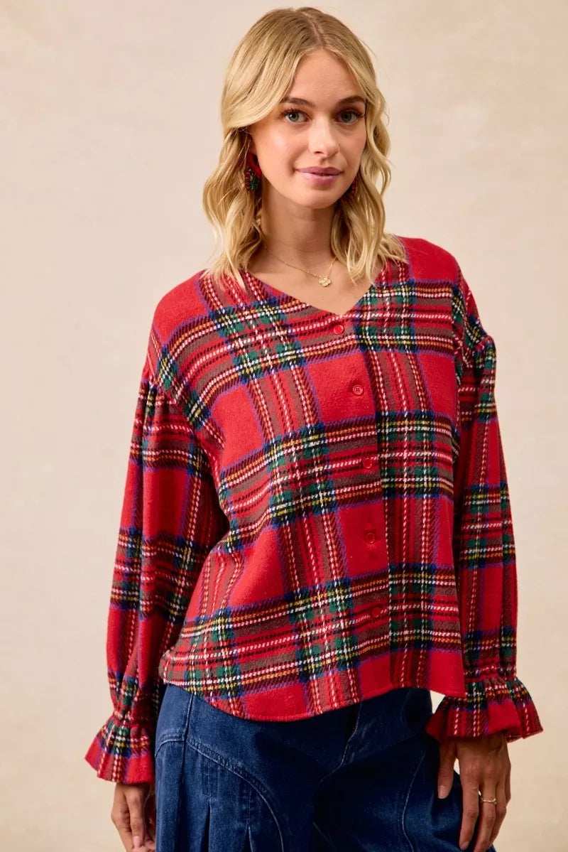 BiBi Christmas Plaid V-Neck Flounce Sleeve Jacket - Trendsi - Flyclothing LLC