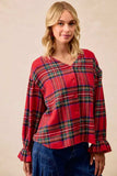 BiBi Christmas Plaid V-Neck Flounce Sleeve Jacket - Trendsi - Flyclothing LLC