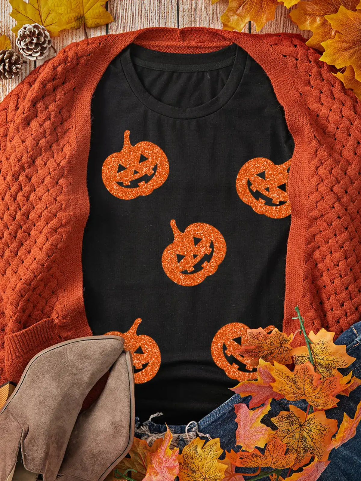 Glittering Pumpkin Face Crewneck Halloween T Shirt - Trendsi - Flyclothing LLC