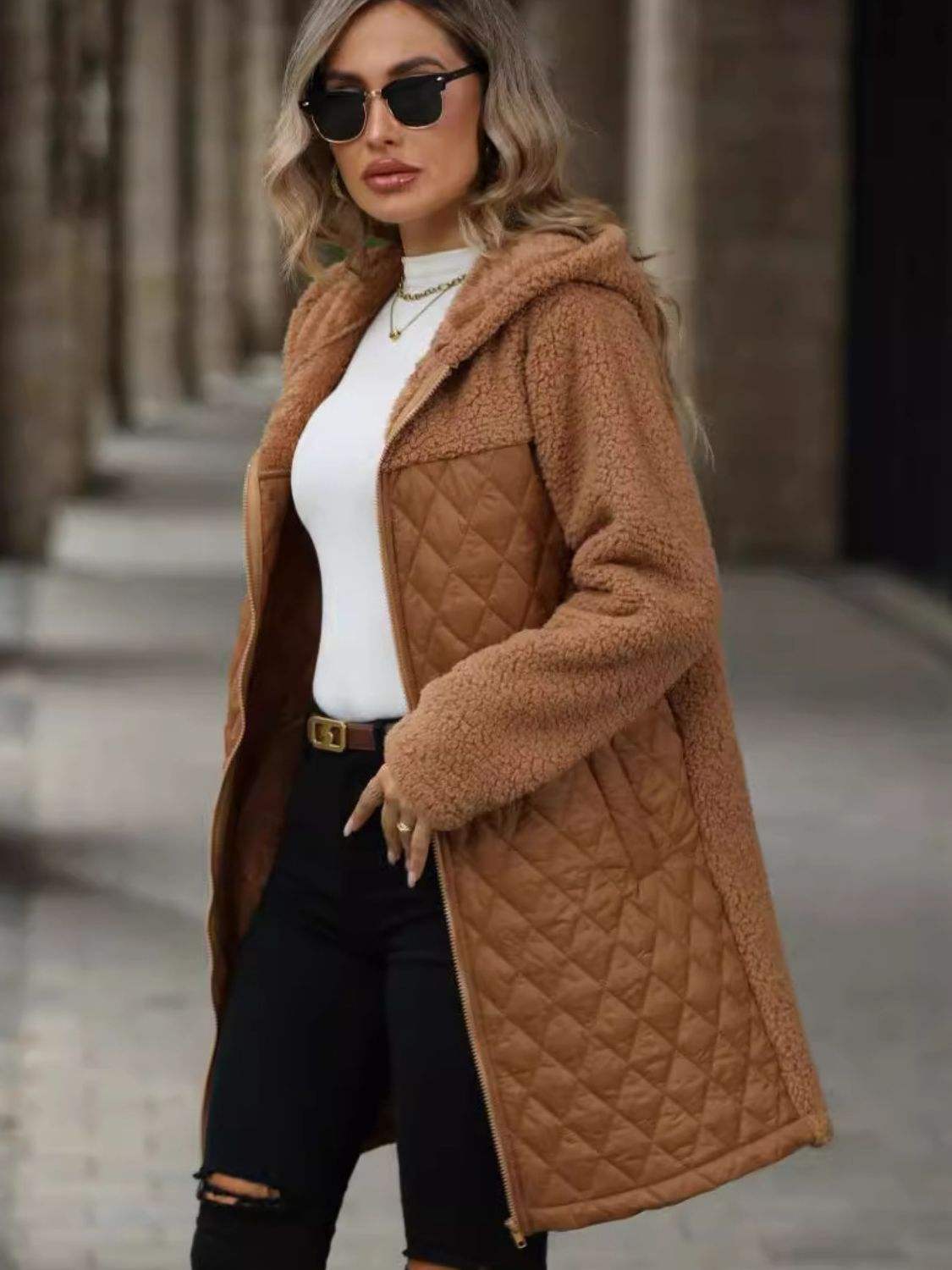 Texture Zip Up Long Sleeve Hooded Coat - Trendsi - Flyclothing LLC