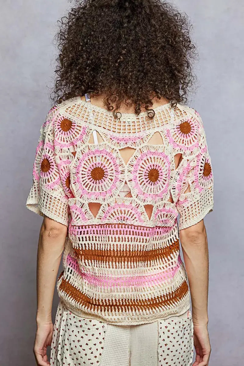 Weave Pattern Short Sleeve Crochet Top with Border Accents - Trendsi - Flyclothing LLC