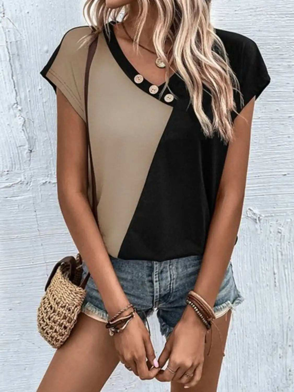 Contrast V-Neck Short Sleeve T-Shirt - Trendsi - Flyclothing LLC