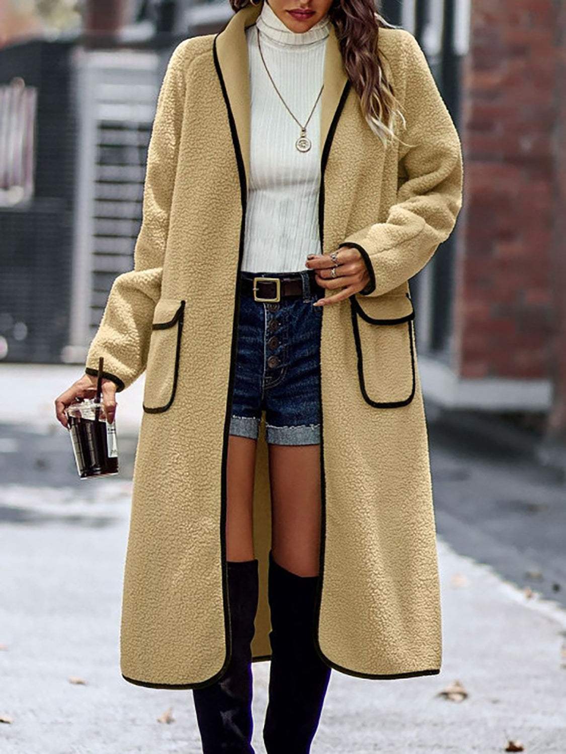 Full Size Contrast Trim Long Sleeve Coat with Pockets - Trendsi - Flyclothing LLC