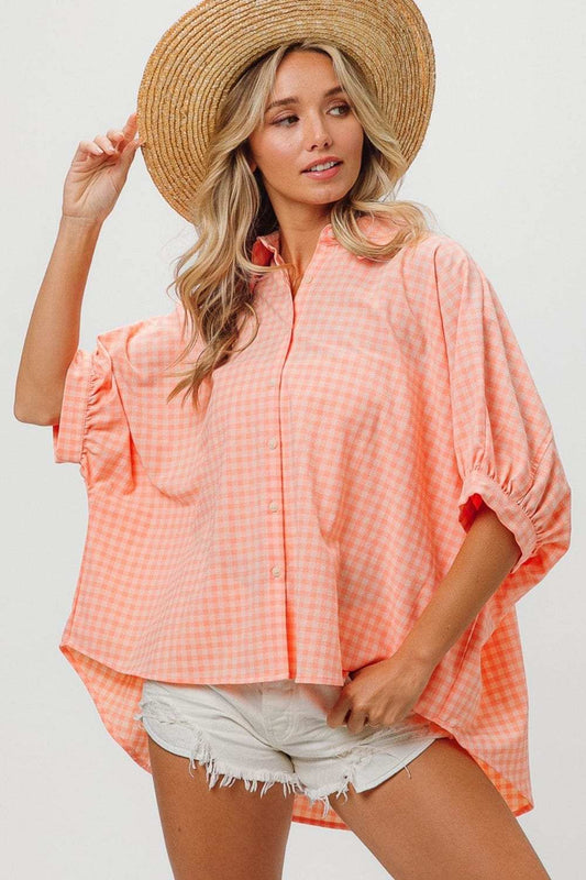 BiBi Plaid Button Up Dolman Sleeve Shirt - Trendsi - Flyclothing LLC