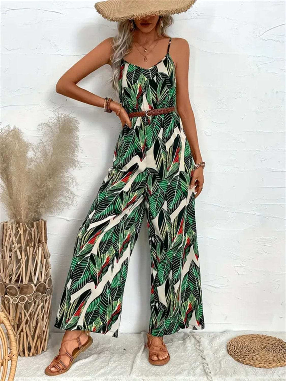 Tropical Print Spaghetti Strap Wide Leg Jumpsuit - Trendsi - Flyclothing LLC