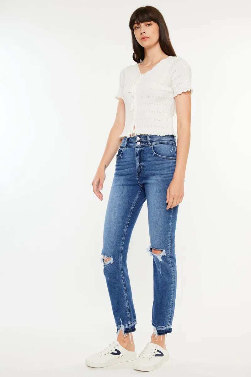 Kancan High Rise Distressed Slim Straight Jeans - Trendsi - Flyclothing LLC