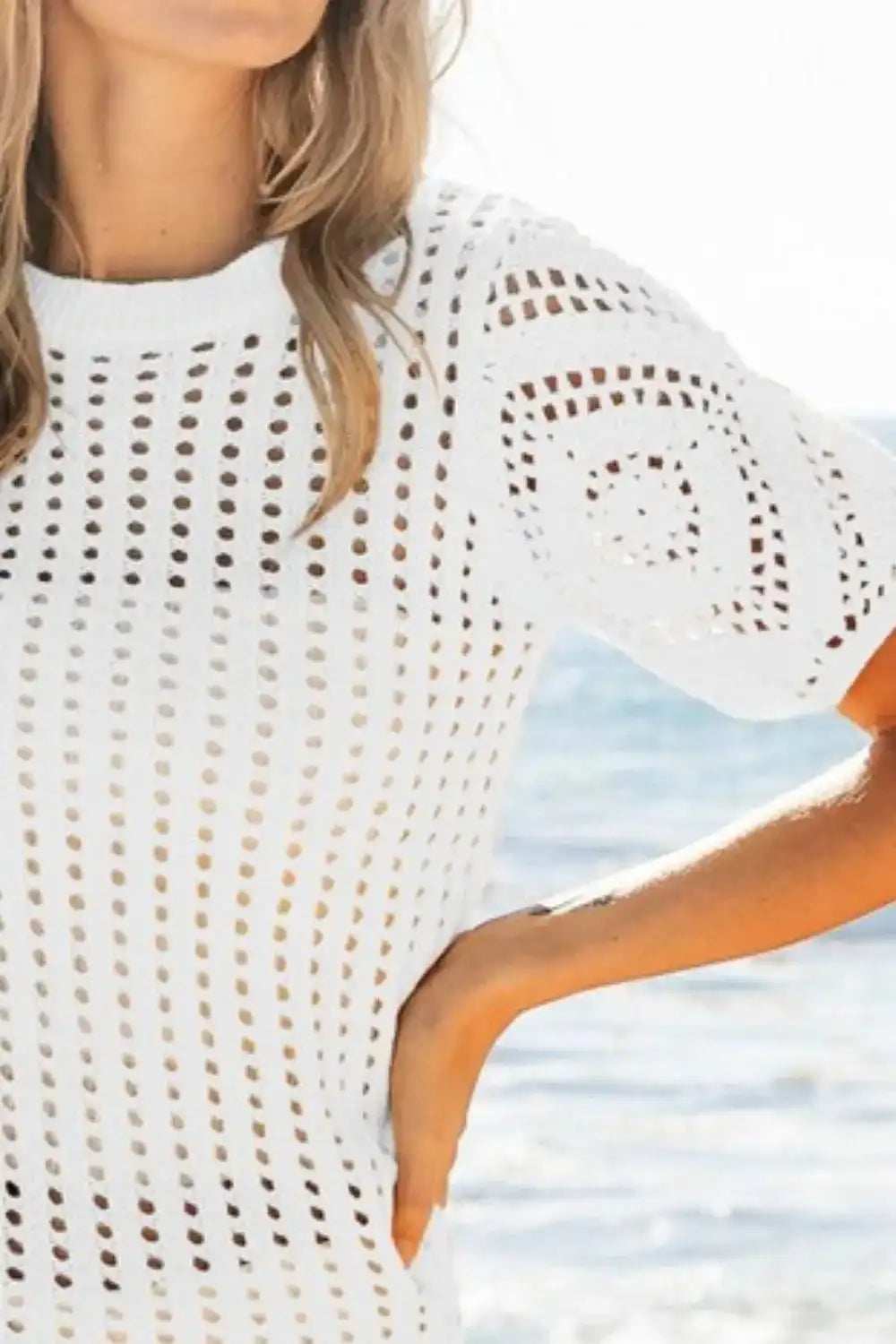 BiBi Crochet Knit Cover Up With Puff Sleeves - Trendsi - Flyclothing LLC