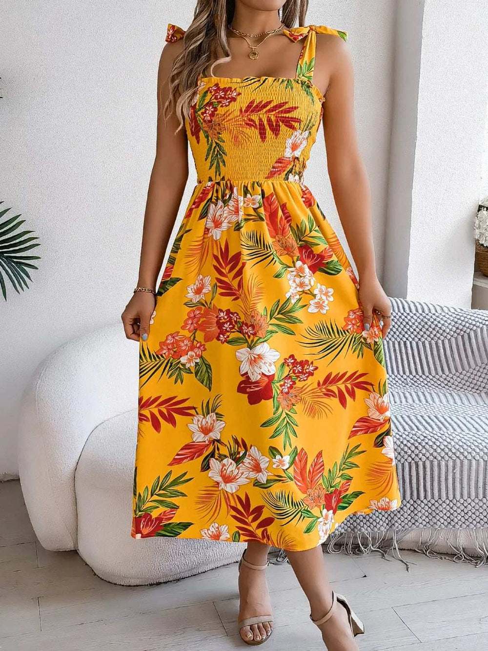 Smocked Floral Tie Shoulder Midi Dress - Trendsi - Flyclothing LLC