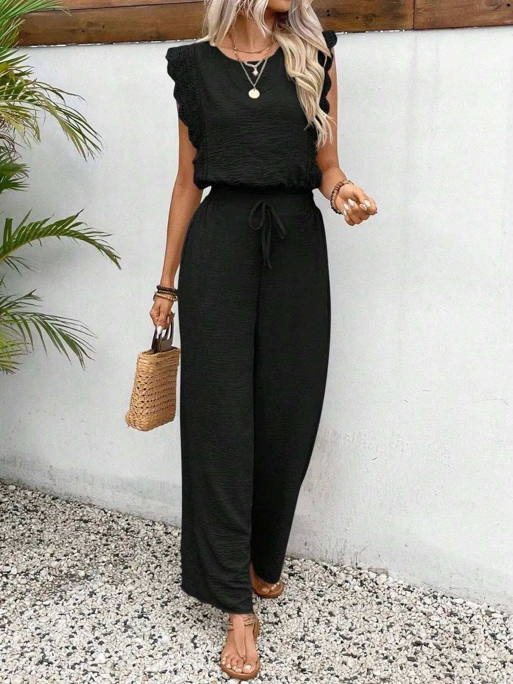 Lace Trim Round Neck Top and Pants Set - Trendsi - Flyclothing LLC