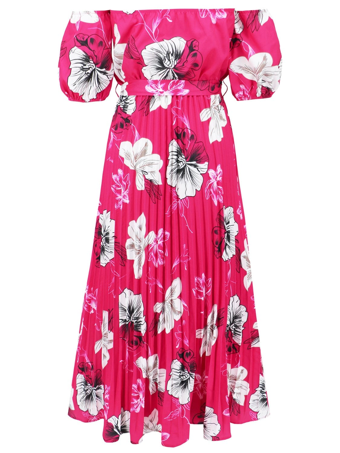 Pleated Floral Off-Shoulder Short Sleeve Midi Dress - Trendsi