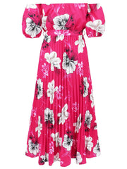 Pleated Floral Off-Shoulder Short Sleeve Midi Dress - Trendsi