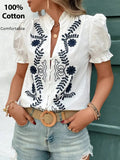Embroidered Frill Notched Short Sleeve Blouse - Trendsi