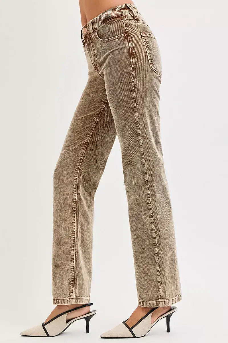 RISEN Tummy Control Mid Rise Straight Leg Corduroy Pants - Trendsi - Flyclothing LLC