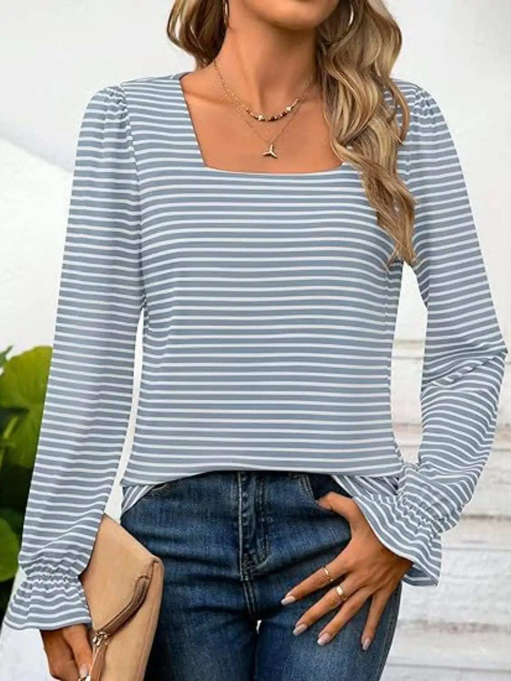 Striped Square Neck Flounce Sleeve Top - Trendsi - Flyclothing LLC