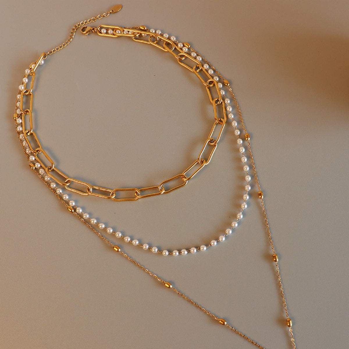 Synthetic Pearl Titanium Steel Three-Layered Necklace - Trendsi - Flyclothing LLC