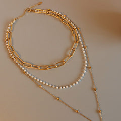 Synthetic Pearl Titanium Steel Three-Layered Necklace - Trendsi