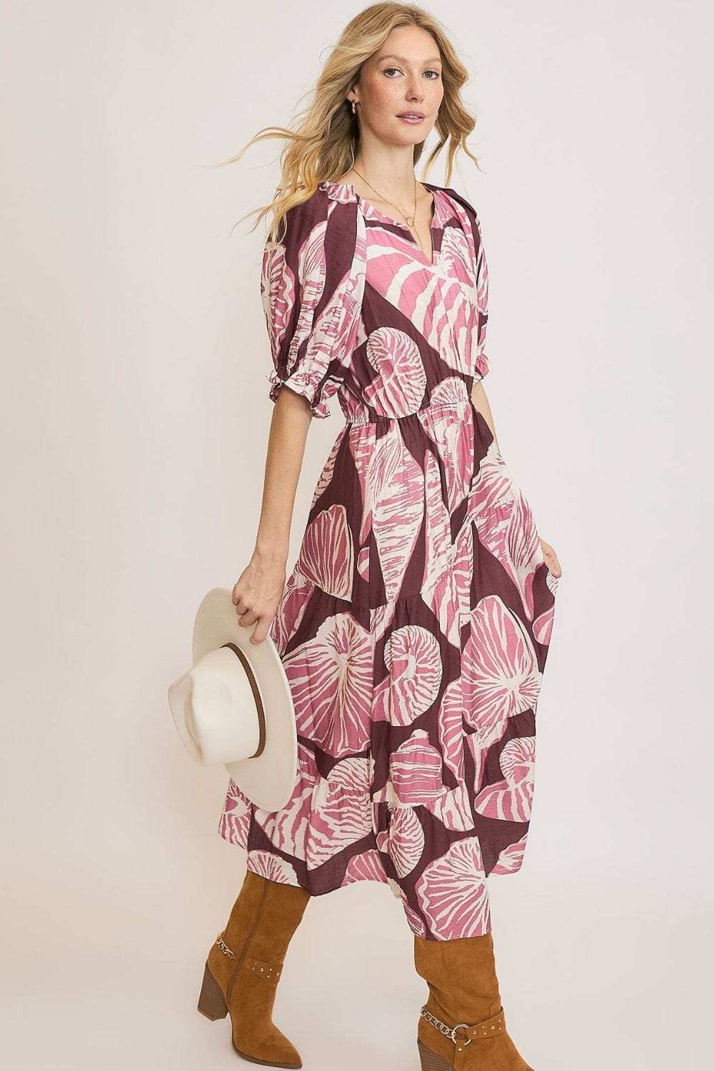 Umgee Full Size Printed Notched Puff Sleeve Midi Dress Plus Size - Trendsi - Flyclothing LLC