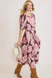 Umgee Full Size Printed Notched Puff Sleeve Midi Dress Plus Size - Trendsi