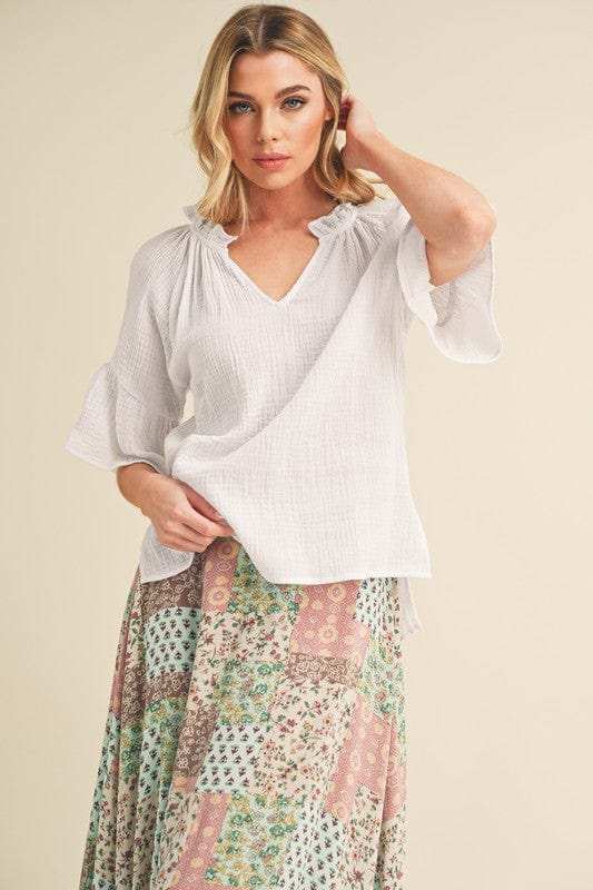 Aemi + Co Side Slit Notched Ruffled Half Sleeve Blouse - Trendsi - Flyclothing LLC