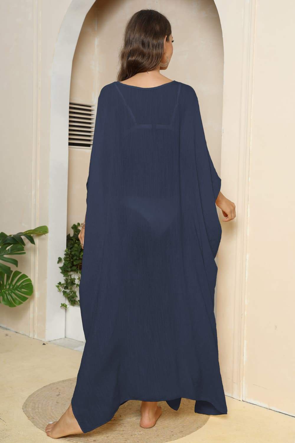 V-Neck Three-Quarter Sleeve Cover-Up - Trendsi - Flyclothing LLC