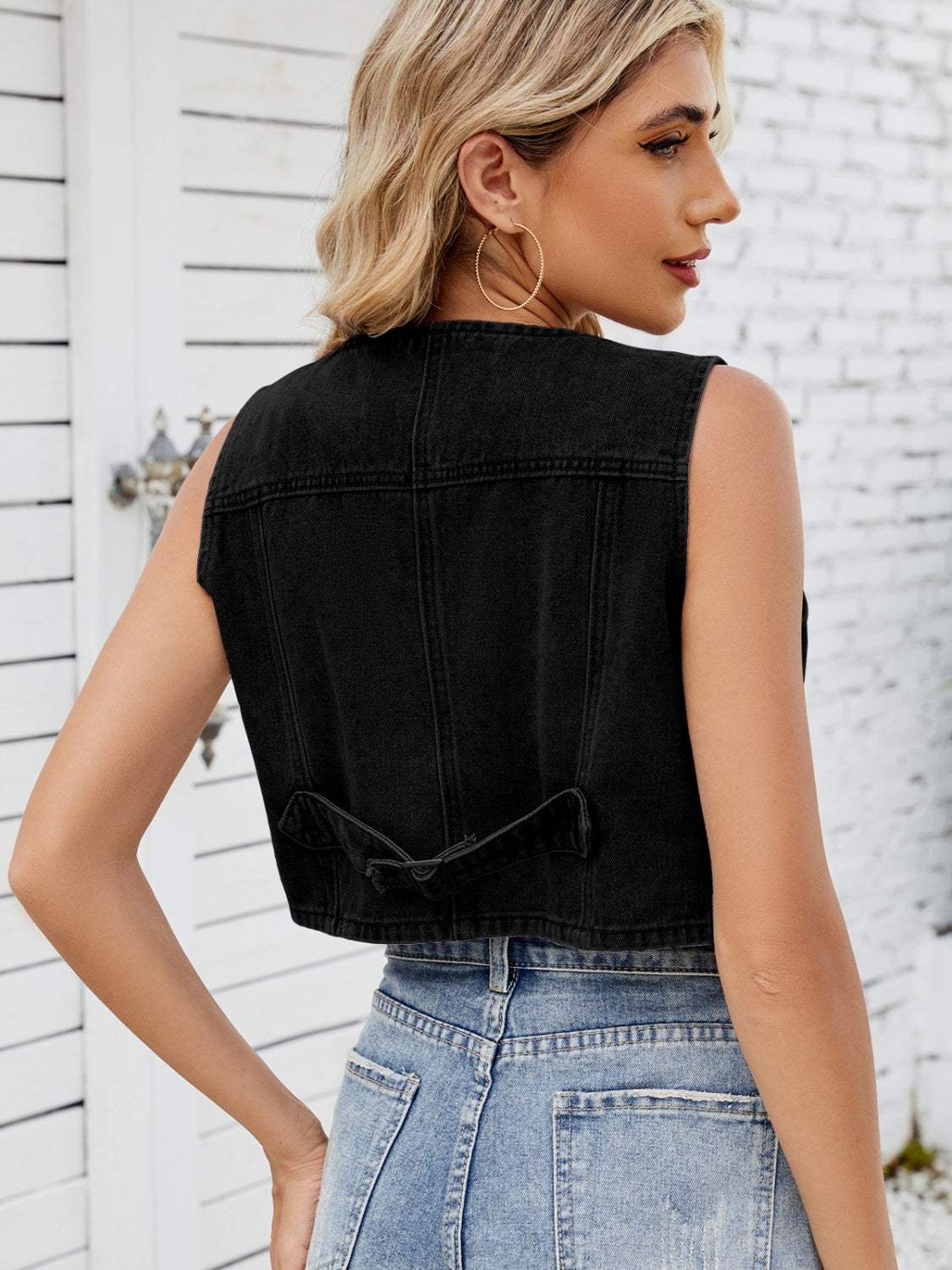 V-Neck Button Down Denim Vest - Trendsi - Flyclothing LLC