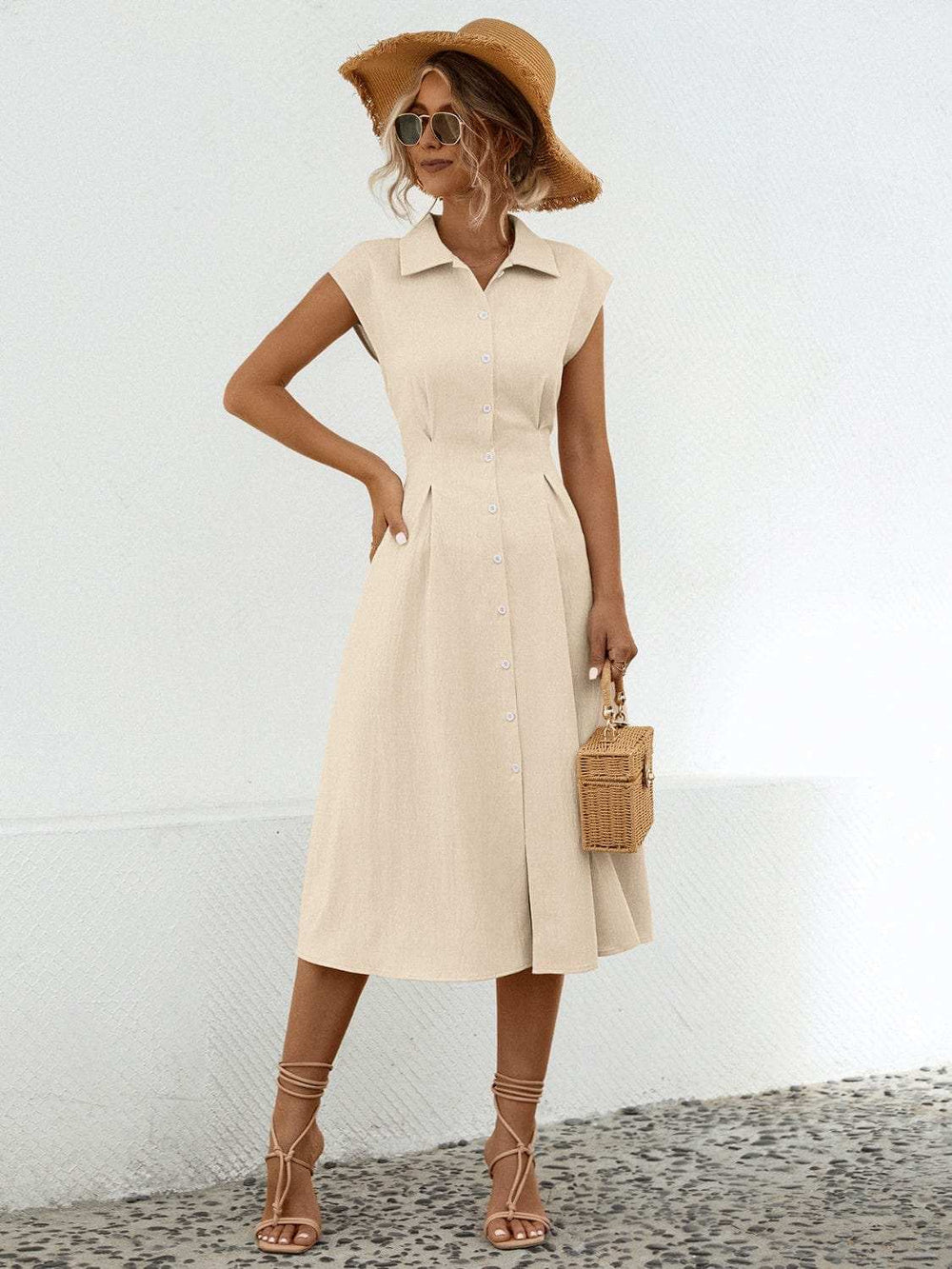 Button Up Cap Sleeve Midi Dress - Trendsi - Flyclothing LLC