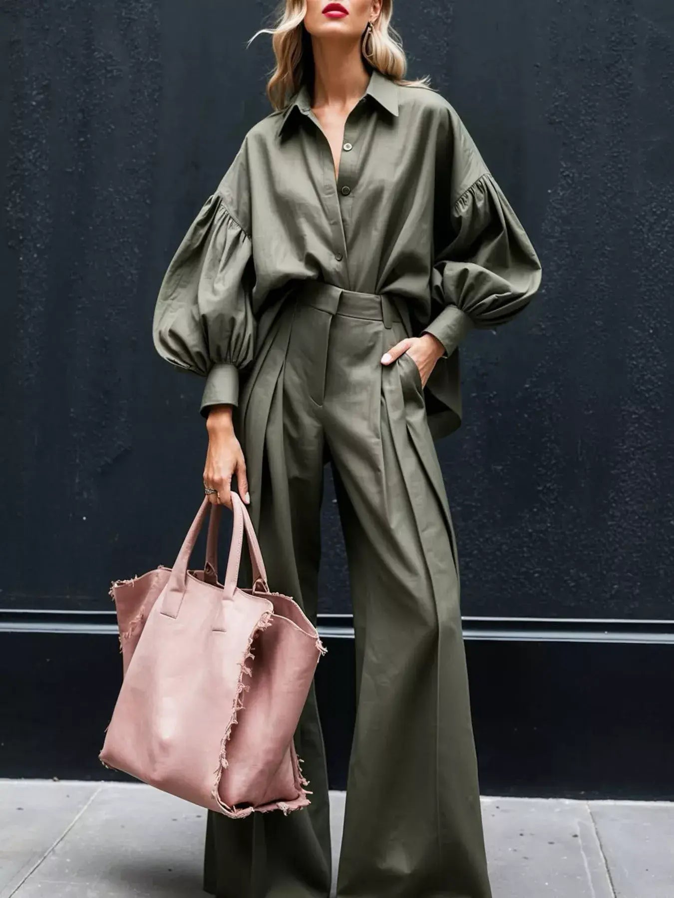 Lantern Sleeve Shirt and Wide Leg Pants Set - Trendsi - Flyclothing LLC