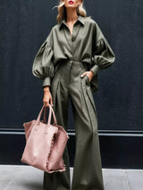 Lantern Sleeve Shirt and Wide Leg Pants Set - Trendsi - Flyclothing LLC
