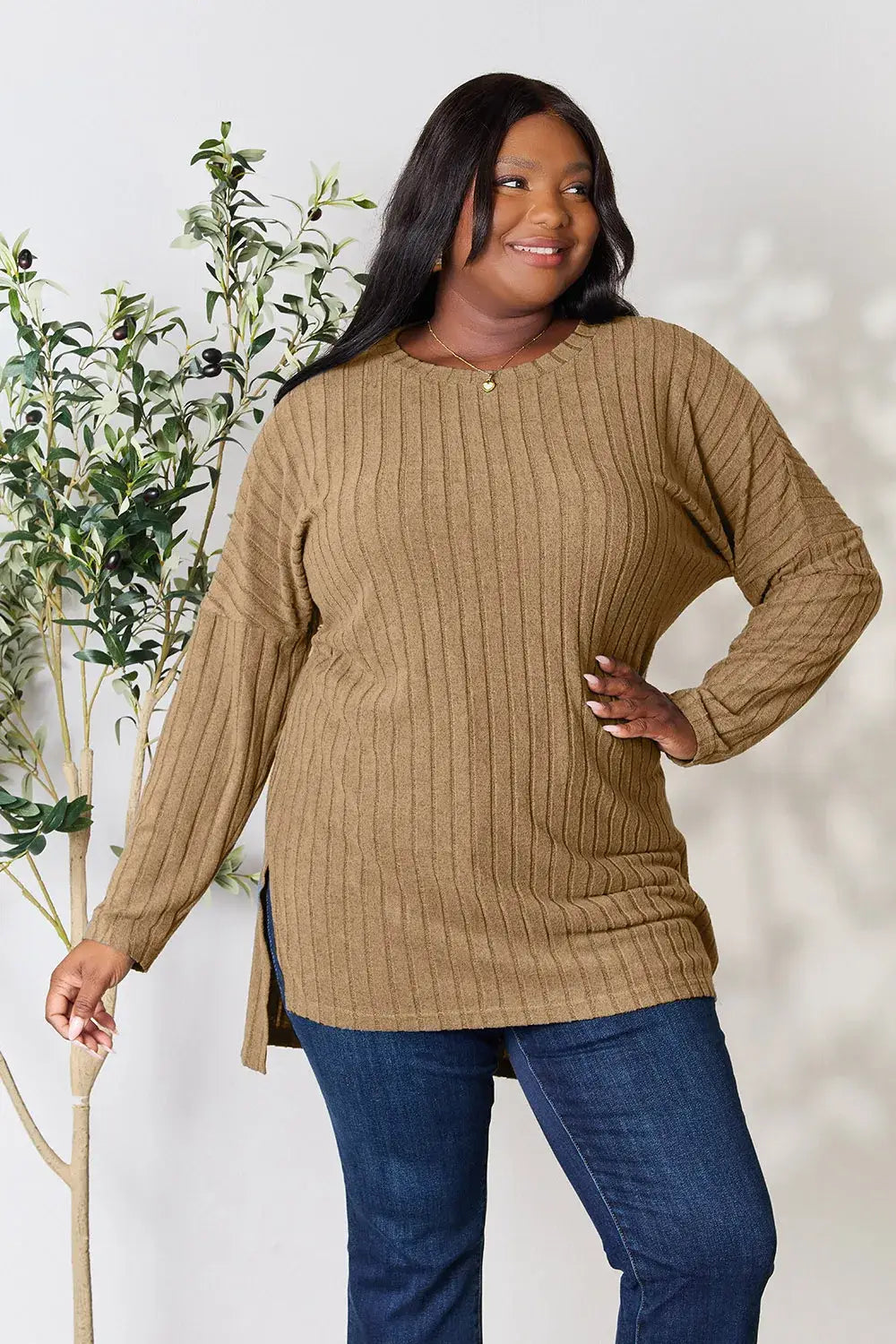 Basic Bae Full Size Ribbed Round Neck Long Sleeve Slit Top - ShopBasicbae - Flyclothing LLC
