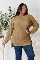 Basic Bae Full Size Ribbed Round Neck Long Sleeve Slit Top - ShopBasicbae - Flyclothing LLC