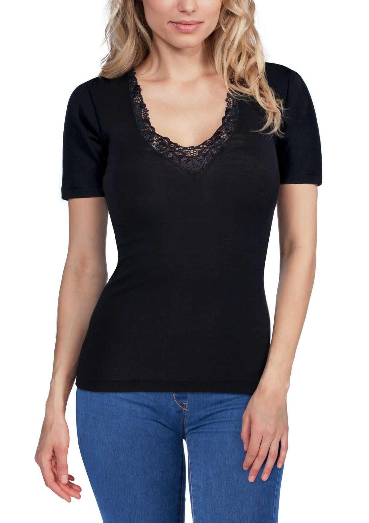 EGi Luxury Merino Wool Silk Women's Short Sleeve T-Shirt with Lace Trimming. Proudly Made in Italy.(146) - tittimitti - Flyclothing LLC