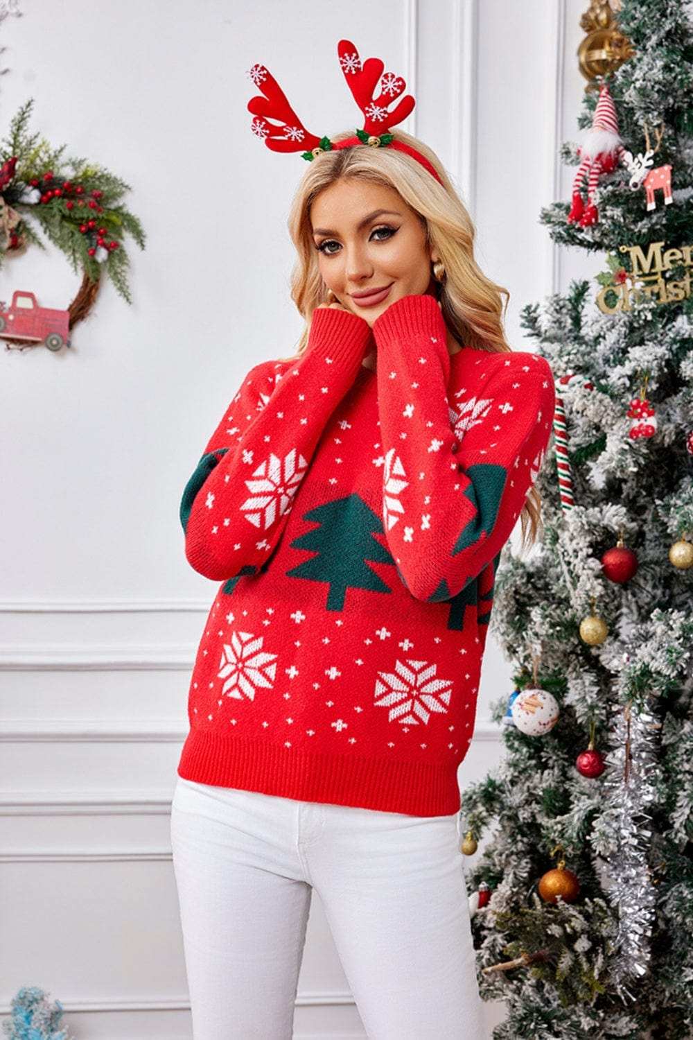 Christmas Tree Round Neck Long Sleeve Sweater - Trendsi - Flyclothing LLC