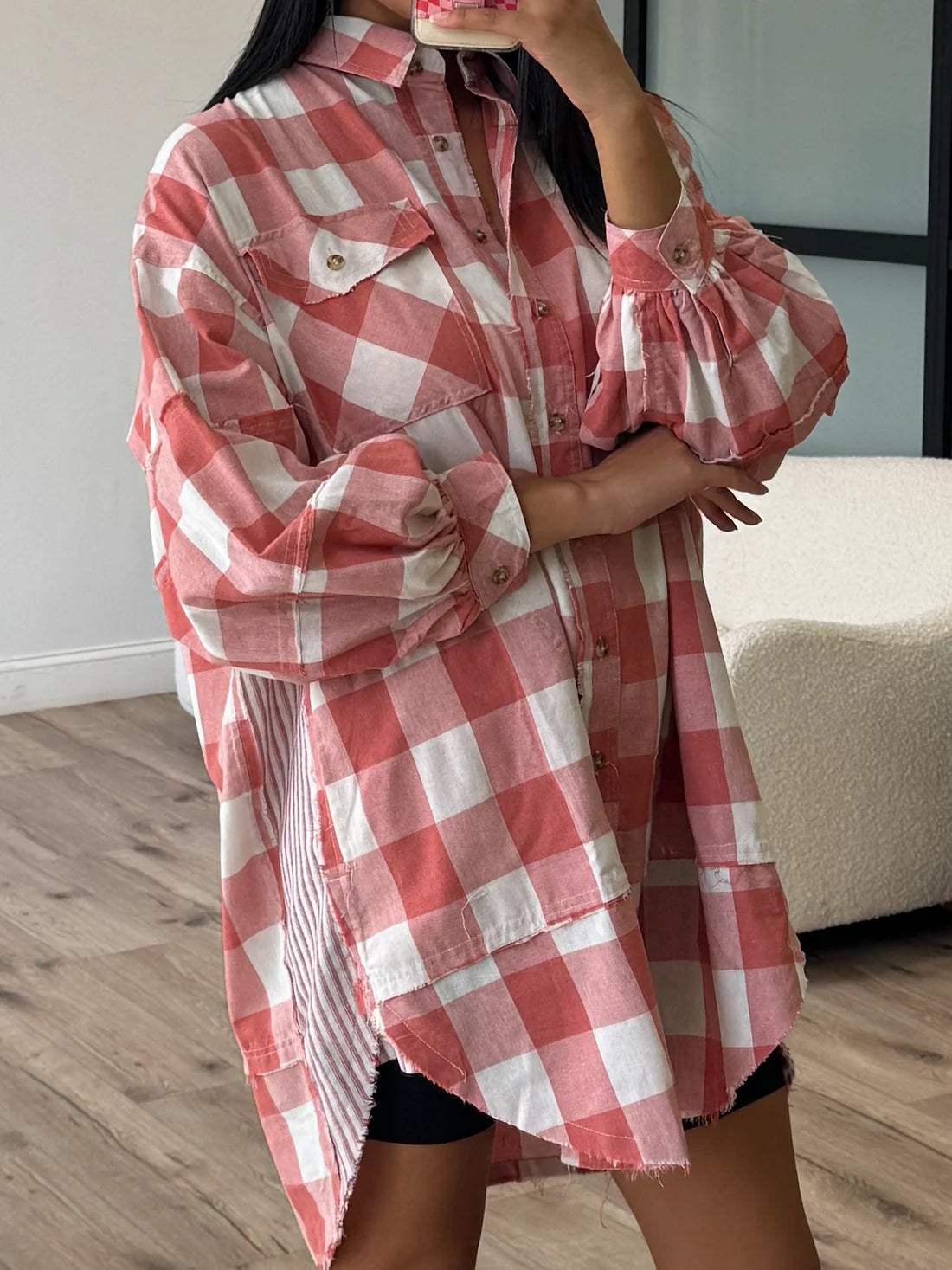 Plaid Collared Neck Long Sleeve Shirt Dress - Trendsi - Flyclothing LLC