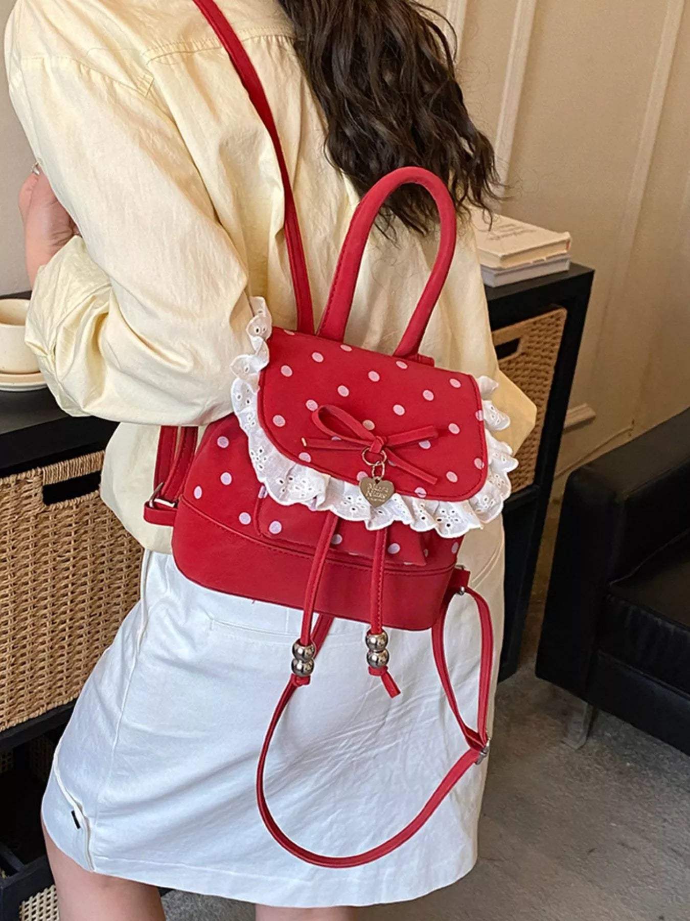 Polka Dot Lace Trim Backpack Bag - Trendsi - Flyclothing LLC