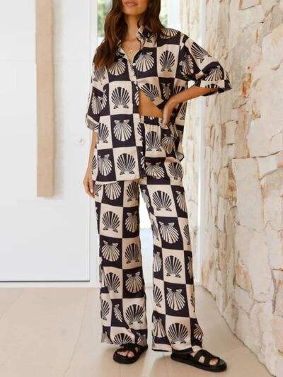Printed Collared Neck Top and Wide Leg Pants Set - Trendsi - Flyclothing LLC