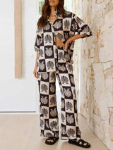 Printed Collared Neck Top and Wide Leg Pants Set - Trendsi - Flyclothing LLC