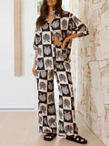 Printed Collared Neck Top and Wide Leg Pants Set - Trendsi