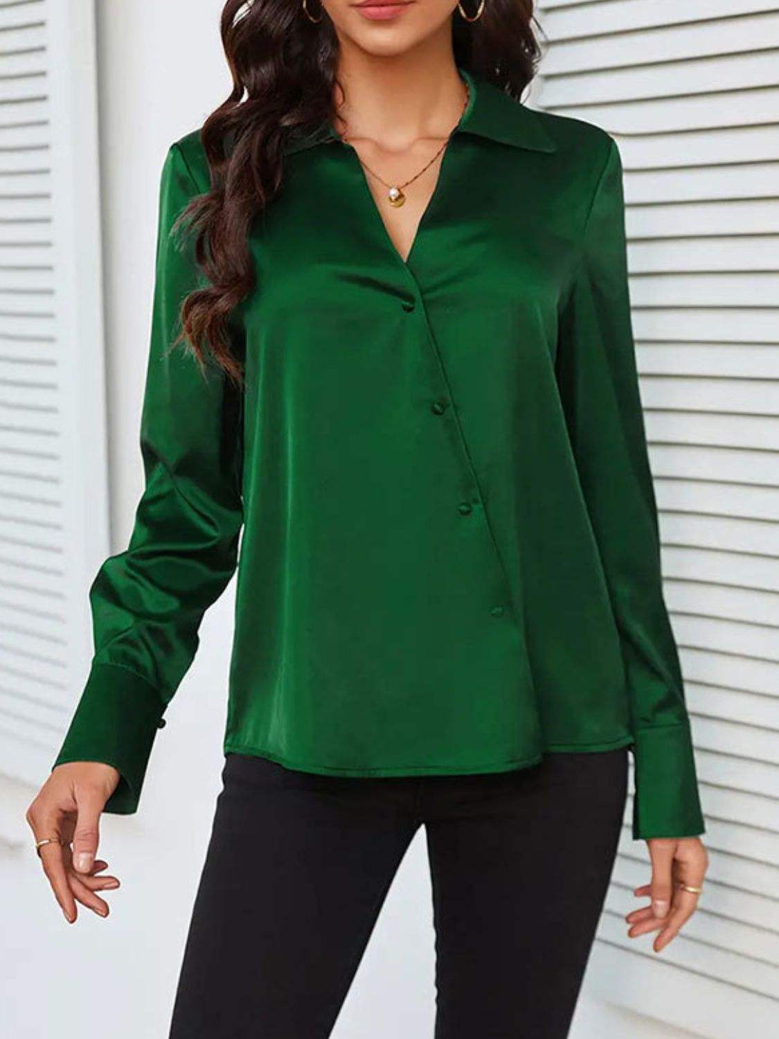 Button Up Collared Neck Long Sleeve Shirt - Trendsi - Flyclothing LLC