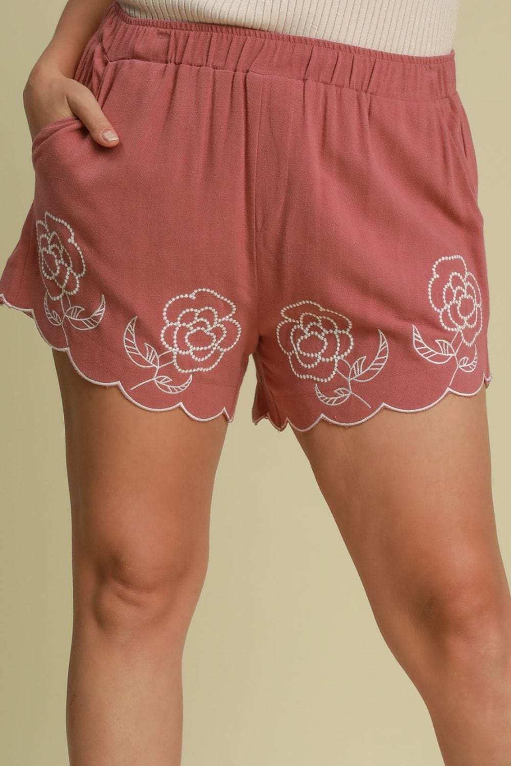 Umgee Full Size Linen Blend Shorts with Floral Embroidered Details Plus Size - Trendsi - Flyclothing LLC
