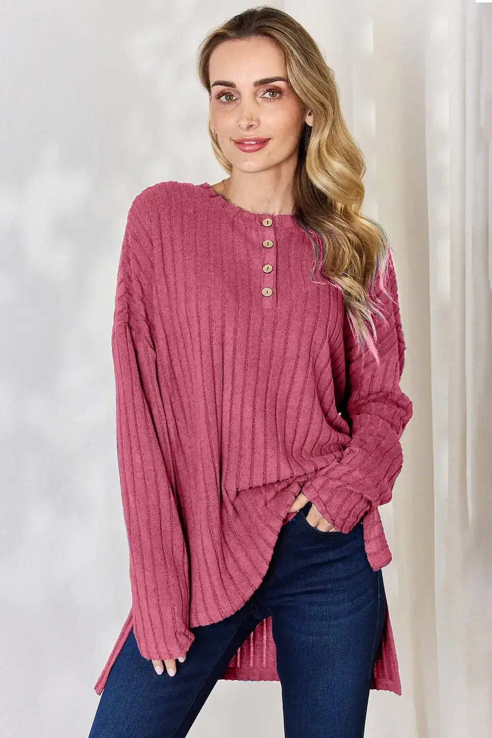 Basic Bae Full Size Ribbed Half Button Long Sleeve High-Low T-Shirt - ShopBasicbae - Flyclothing LLC