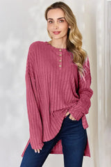 Basic Bae Full Size Ribbed Half Button Long Sleeve High-Low T-Shirt - ShopBasicbae - Flyclothing LLC