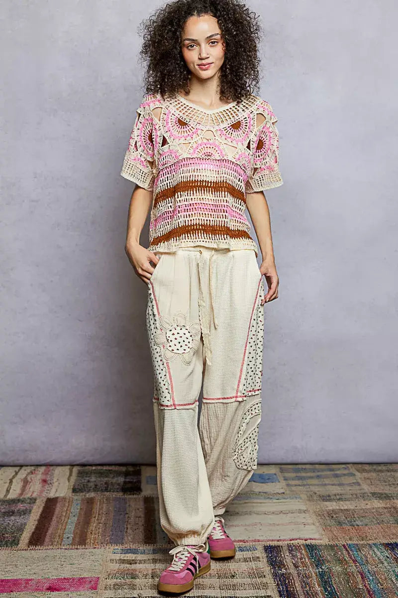 Weave Pattern Short Sleeve Crochet Top with Border Accents - Trendsi - Flyclothing LLC