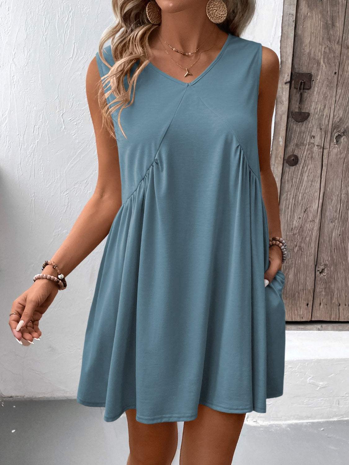 Ivy Lane Ruched V-Neck Sleeveless Mini Dress - Trendsi - Flyclothing LLC