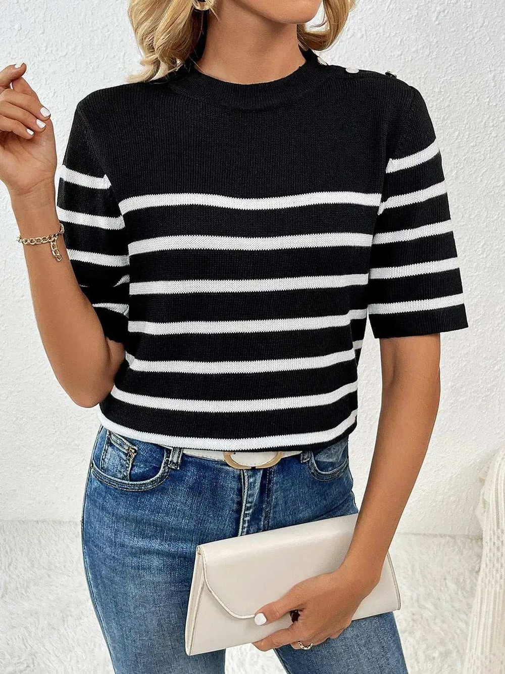Striped Round Neck Half Sleeve Knit Top - Trendsi - Flyclothing LLC