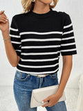 Striped Round Neck Half Sleeve Knit Top - Trendsi