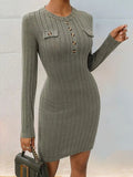 Decorative Button Round Neck Long Sleeve Dress - Trendsi