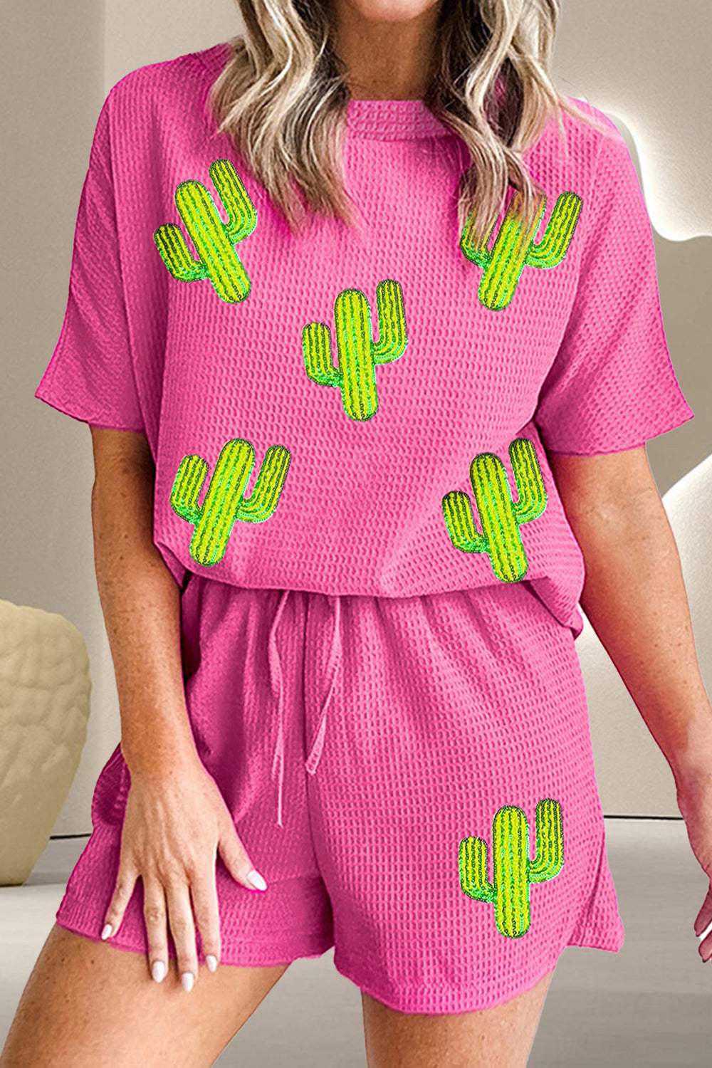 Waffle-Knit Round Neck Top and Shorts Set - Trendsi - Flyclothing LLC