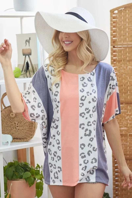 BiBi Leopard Stripe Printed French Terry Oversized Top - Trendsi - Flyclothing LLC
