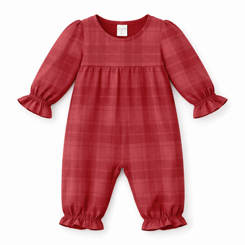 Red Plaid Baby Girl Romper With Ruffles & Puff Sleeves - Tesa Babe - Flyclothing LLC